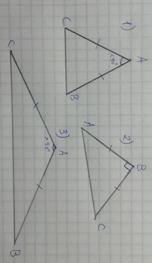 Начертите три равнобедренных треугольника так, чтобы угол, лежащий против основания, был: а) острым;