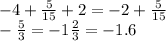 - 4 + \frac{5}{15} + 2 = - 2 + \frac{5}{15} \\ - \frac{5}{3} = - 1 \frac{2}{3} = - 1.6