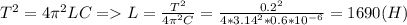 T^{2} = 4\pi ^{2} LC = L=\frac{T^{2} }{4\pi ^{2}C}=\frac{0.2^{2} }{4*3.14^{2} *0.6*10^{-6} } =1690 (H)