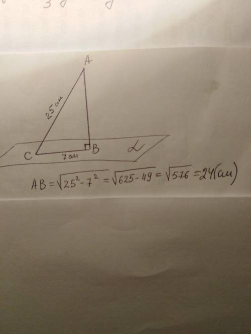 К плоскости α проведена наклонная, длина которой равна 25 см, проекция наклонной равна 7 см. На како