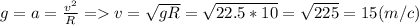 g=a=\frac{v^{2} }{R} = v=\sqrt{gR} =\sqrt{22.5*10} =\sqrt{225} =15 (m/c)
