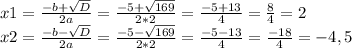 x1 = \frac{-b+\sqrt{D} }{2a} = \frac{-5+\sqrt{169} }{2*2} =\frac{-5+13}{4} = \frac{8}{4}=2\\x2 = \frac{-b-\sqrt{D} }{2a} = \frac{-5-\sqrt{169} }{2*2} =\frac{-5-13}{4} = \frac{-18}{4}=-4,5 \\