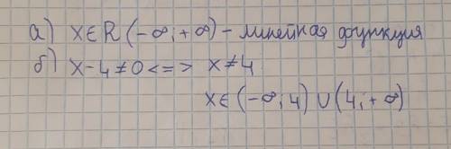 Найдите область определения функции, заданной формулой:а) у=6х-1 b) у =3х/(х-4) (/ это дробь)
