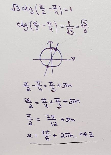 Решить уровнение√3ctg(0,5x-п/4)=1​