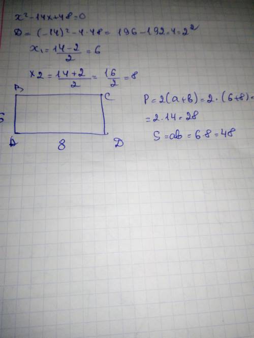 Найдите периметр и площадь прямоугольника, стороны которого являются модулями корней этого уравнения