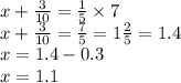 x + \frac{3}{10} = \frac{1}{5} \times 7 \\ x + \frac{3}{10} = \frac{7}{5} = 1 \frac{2}{5} = 1.4 \\ x = 1.4 - 0.3 \\ x = 1.1