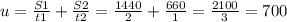 u = \frac{S1}{t1} +\frac{S2}{t2} =\frac{1440}{2} +\frac{660}{1} = \frac{2100}{3} =700