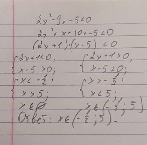 2x^2-9x-5 меньше 0 ​