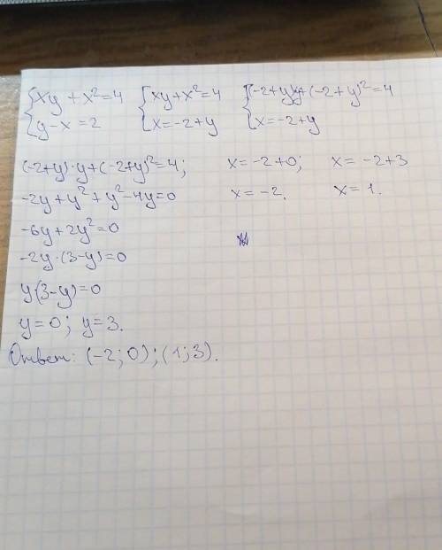 Решить систему уравнений xy+x^2=4 y-x=2 Подробно