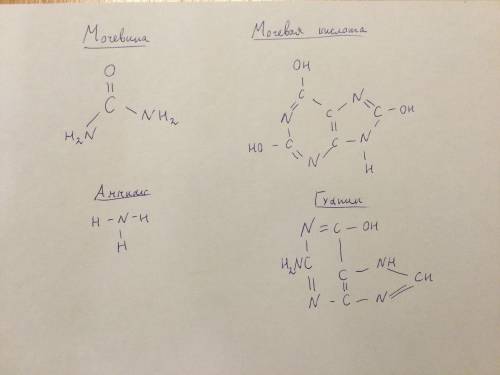 Напишите химическую структурную формулу мочевой кислоты, мочевины, аммиака и гуанина.