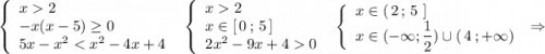 \left\{\begin{array}{l}x2\\-x(x-5)\geq 0\\5x-x^22\\x\in [\, 0\, ;\, 5\, ]\\2x^2-9x+40\end{array}\right\ \ \left\{\begin{array}{l}x\in (\, 2\, ;\, 5\ ]\\x\in (-\infty ;\dfrac{1}{2})\cup (\, 4\, ;+\infty )\end{array}\right\ \Rightarrow