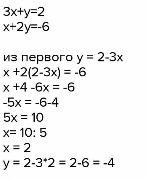 1) Решите систему уравнений методом подстановки (3x+y=2 (x+2y=-6