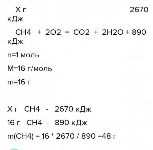 Вычислите, массу сгоревшего метана (CH2), если выделилось 2670 КДж теплоты Термохимическое уравнение