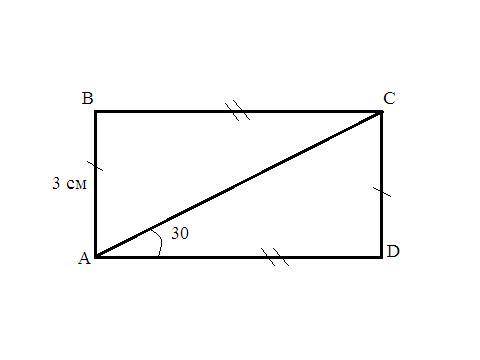 56)Каждый из углов четырехугольника ABCD=90°. Угол CAD=30°. Отрезки AB и CD, BC и AD равны. Длина AB