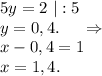 5y=2\ |:5\\y=0,4.\ \ \ \ \Rightarrow\\x-0,4=1\\x=1,4.