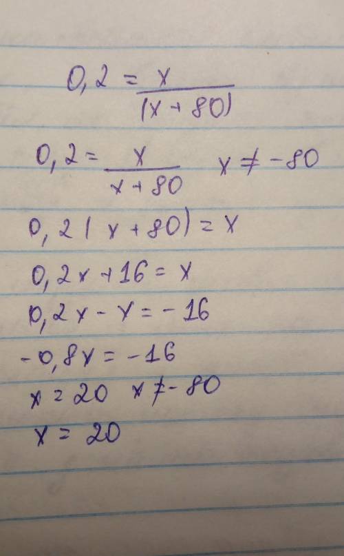 Решите уравнение с пошаговым объяснением 0,2 = x/(x + 80)