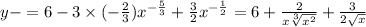 y- = 6 - 3 \times ( - \frac{2}{3} ) {x}^{ - \frac{5}{3} } + \frac{3}{2} {x}^{ - \frac{1}{2} } = 6 + \frac{2}{x \sqrt[3]{ {x}^{2} } } + \frac{3}{2 \sqrt{x} }
