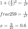 1 + (\frac{4}{3})^{2} = \frac{1}{x^{2} } \\\\frac{25}{9} = \frac{1}{x^{2} } \\\\x = \frac{9}{25} = 0.6