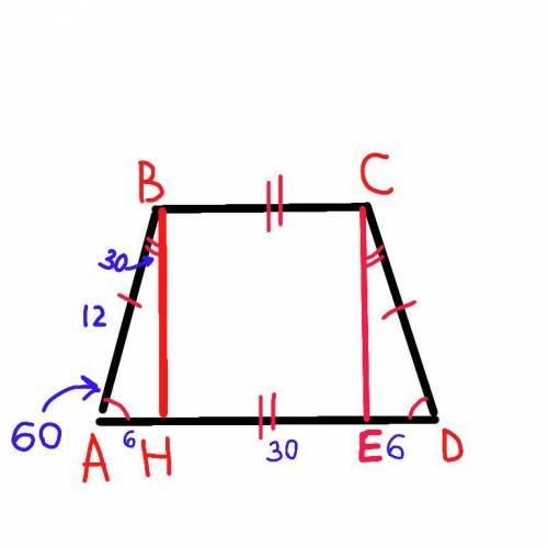 8 класс. У рівнобічній трапеції більша основа дорівнює 30 см, бічна сторона - 12 см, а кут між бічно