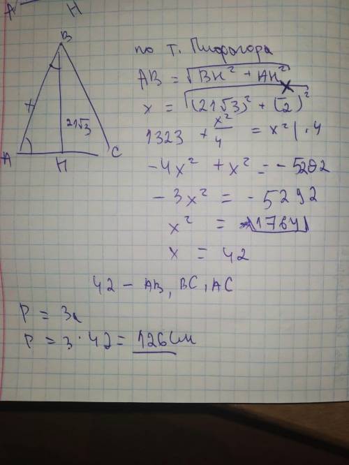 Биссектриса равностороннего треугольника равна 21√3.Найдите периметр этого треугольника