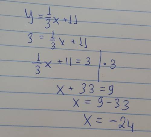 Функция задана формулойy= 1/3 x + 11Найдите значение аргумента x, если у= 3​