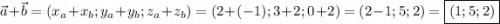 \vec{a} + \vec{b} = (x_{a}+x_{b};y_{a}+y_{b};z_{a}+z_{b}) = (2+(-1); 3+2; 0+2) = (2-1; 5; 2) = \boxed{(1; 5; 2)}