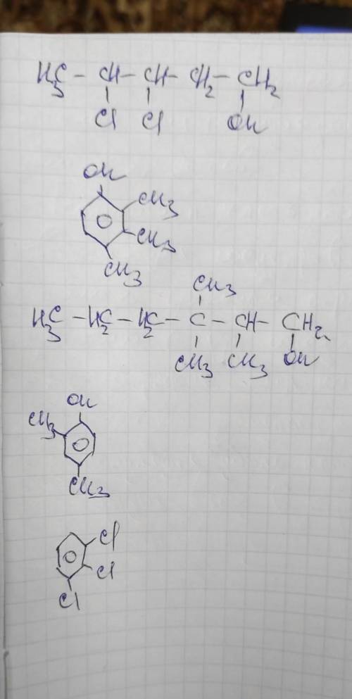 Написати формули сполук за назвами 2,3 - дихлорпентанол 2,3,4, - триметилфенол 4,4,5- триетилгексано
