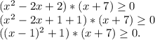 (x^2-2x+2)*(x+7)\geq 0\\(x^2-2x+1+1)*(x+7)\geq 0\\((x-1)^2+1)*(x+7)\geq 0.
