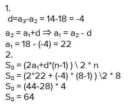 Дана арифметическая прогрессия, в которой а2 = −9 а3 = −5 А) найдите первый член и разность прогресс