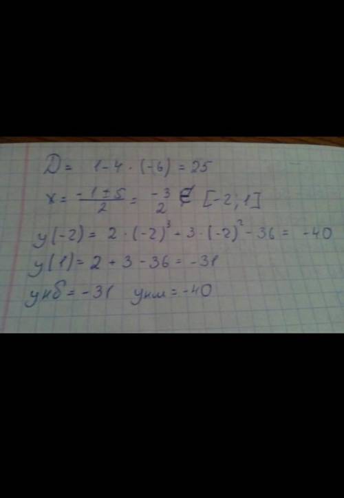 Найдите наименьшее и наибольшее значение функций y=2x^3+3x^2-36x-5 на отрезке (-1;3)