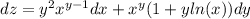 dz = {y}^{2} {x}^{y - 1} dx + {x}^{y} (1 + y ln(x)) dy