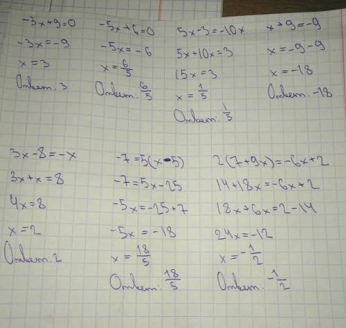 Решите уравнения : -3x+9=0 -5x+6=0 5x-3=-10x x+9=-9 3x-8=-x -7=5(x=5) 2(7+9x)=-6x+2