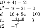 t(t + 4) = 21 \\ {t}^{2} + 4t - 21 = 0 \\ d = 16 + 84 = 100 \\ t1 = \frac{ - 4 + 10}{2} = 3 \\ t2 = - 7