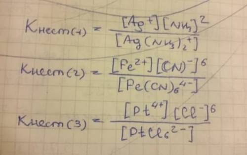 Напишите выражения для констант нестойкости комплексных ионов: [Ag(NH3)2]+, [Fe(CN)6]4-, [PtCl6]2-.