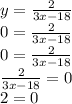 y=\frac{2}{3x-18}\\0=\frac{2}{3x-18} \\0=\frac{2}{3x-18}\\\frac{2}{3x-18}=0\\2=0\\