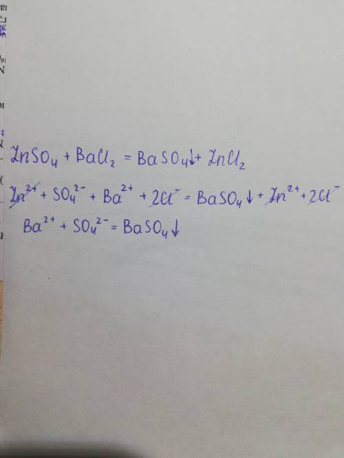 Скласти повне і скорочене йонне рівняння ZnSO4+BaCl2=BaSO4+ZnCl2