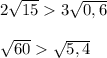 2\sqrt{15} 3\sqrt{0,6} \\\\\sqrt{60} \sqrt{5,4}