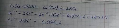 Повні та скорочені йонні рівняння реакції між попарно взятими речовинами CuCI2+KOH