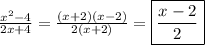 \frac{x^{2}-4 }{2x+4}=\frac{(x+2)(x-2)}{2(x+2)}=\boxed{\frac{x-2}{2}}