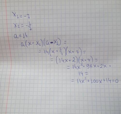 2.Составьте квадратное уравнение, корни которого (-7) и (-1/7), а первый коэффициент равен 14.​