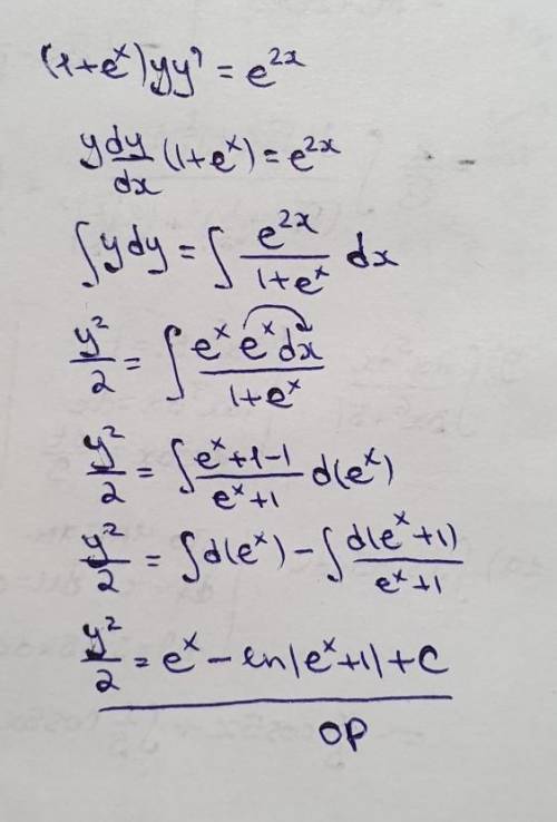 Решить диф уравнение (1+е^х)*yy'=e^2x