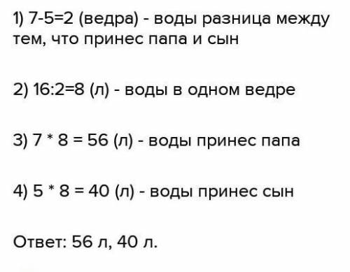 Чтобы заполнить бочку водой, папа принёс 7 вёдер, а сын - 5 таких же вёдер воды. Сколь-ко литров вод