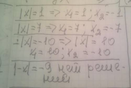 1. Решите уравнение:1. |x| = 1;2. |x| = 7;3. - |x| = -10;4. |-x| = -9;​