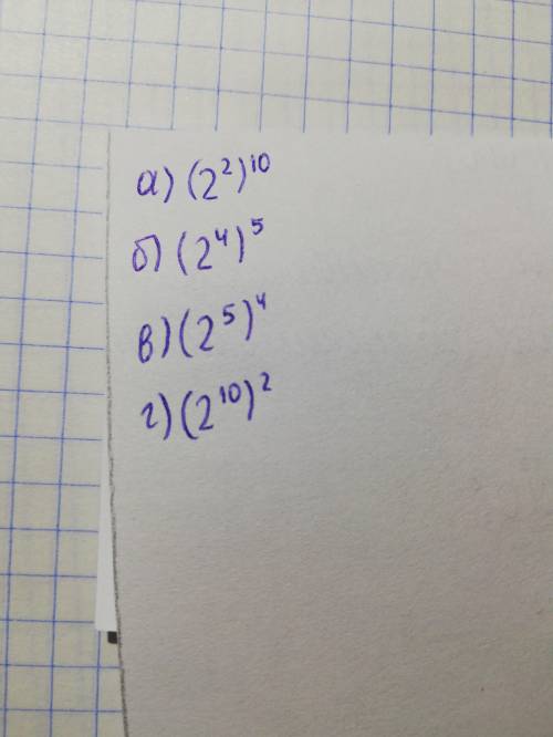 Степень 2²⁰ запишите в виде степени с основаниями а)2²;б) 2⁴;в)2⁵;г)2¹⁰ ​