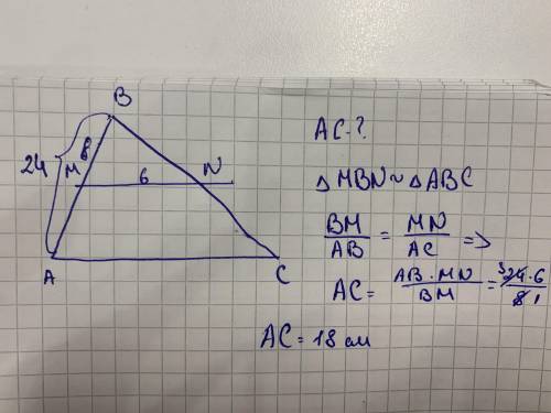 У трикутнику ABC проведено пряму, паралельну до сторони AC.Знайти сторону AC, якщо AB =24см,BM=8см,