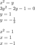 {x}^{2} = y \\ 3 {y}^{2} - 2y - 1 = 0 \\ y = 1 \\ y = - \frac{1}{3} \\ \\ {x}^{2} = 1 \\ x = 1 \\ x = - 1