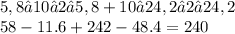 5,8⋅10−2⋅5,8+10⋅24,2−2⋅24,2 \\ 58 - 11.6 + 242 - 48.4 = 240