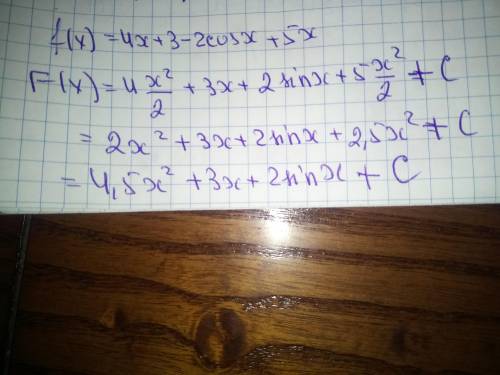 Знайдіть загальний вигляд первісних для даної функції f(x) = 4x + 3 - 2 cos x + 5 x​​