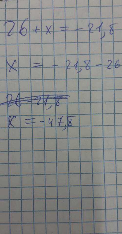 Какое число нужно вставить вместо х, чтобы получилось верное равенство 26 + х = - 21,8 даю на киви 5
