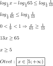 log_{\frac{1}{9}}x-log_{\frac{1}{9}}65\leq log_{\frac{1}{9}}\frac{1}{13}\\\\log_{\frac{1}{9}}\frac{x}{65}\leq log_{\frac{1}{9}}\frac{1}{13} \\\\0
